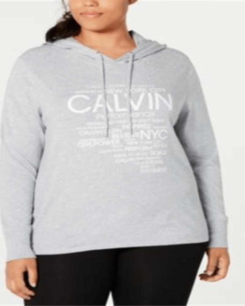 Front of a model wearing a size 1X Calvin Klein Women's Performance Plus Logo Hoodie T-Shirt Grey Size 1X in Gray by Calvin Klein. | dia_product_style_image_id:313662